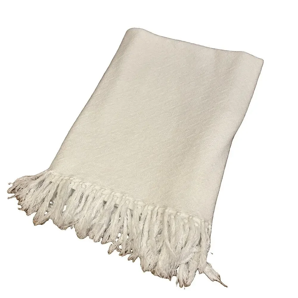 Vintage Ralph Lauren White Cotton Jacquard Fringe Lightweight Throw Blanket USA*